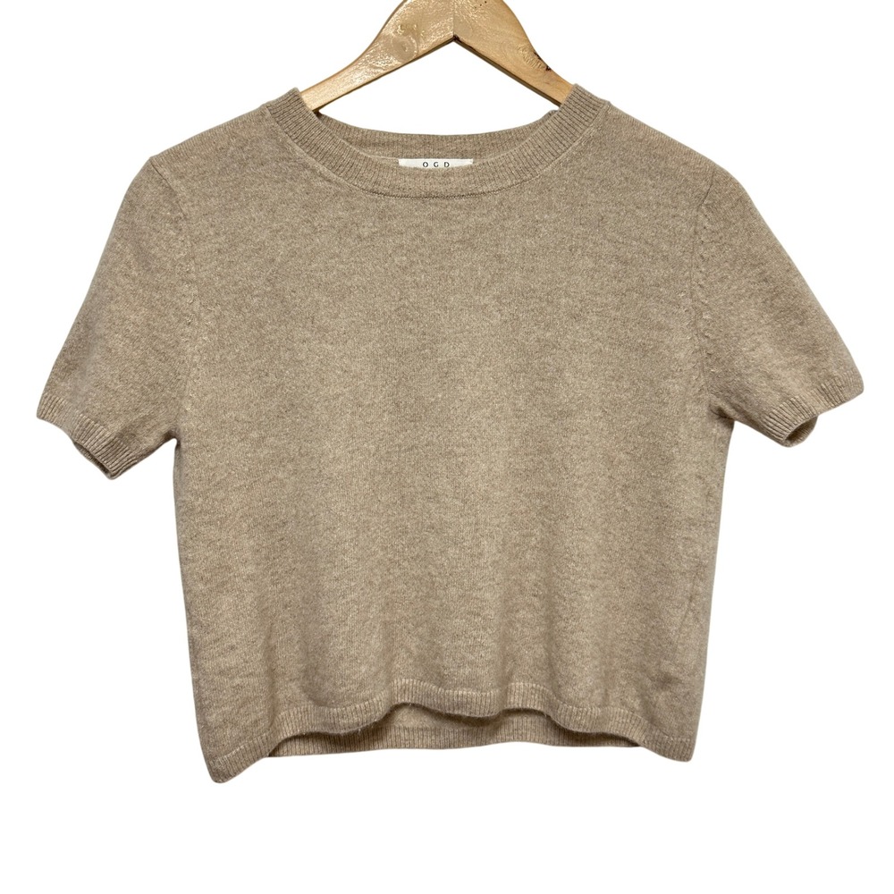 OGD One Grey Day Sloan Cashmere Crop Tee Sweater Small Beige Short Sleeve Luxury